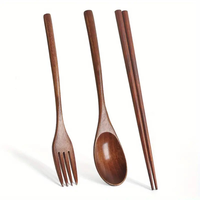 Solid Wood Dinnerware Utensils 3-Piece Set - Minimalist Style