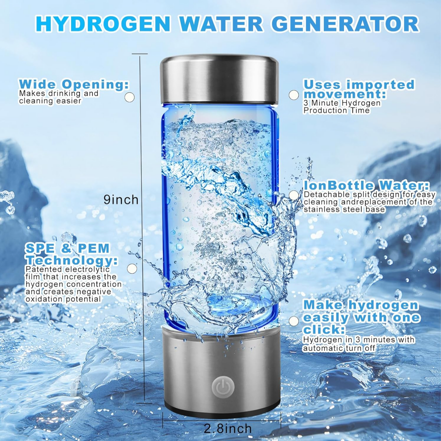 Portable Hydrogen Generator Alkaline Water Ionizer Bottle