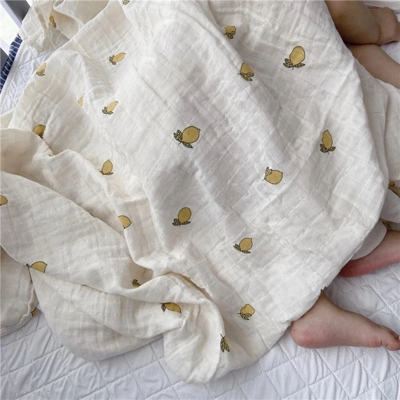 Organic Cotton Swaddle Baby Blanket with Nature Print - Lemon