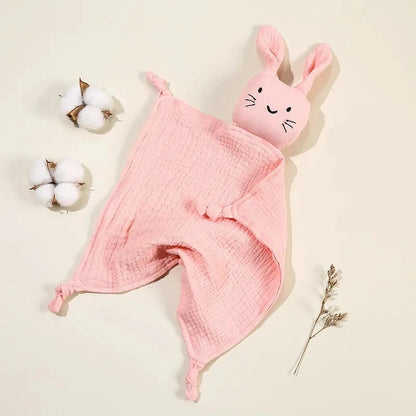 Soothe and pacify a baby girl or boy with this soft cotton muslin comforter blanket in the shape of a cute and cuddly bunny rabbit doll.&nbsp; The cotton and bamboo material preforms excellently as a baby toy, bib and blanket, and makes the perfect newborn gift.