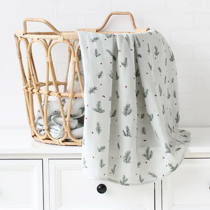 Organic Cotton Swaddle Baby Blanket with Nature Print - Pine