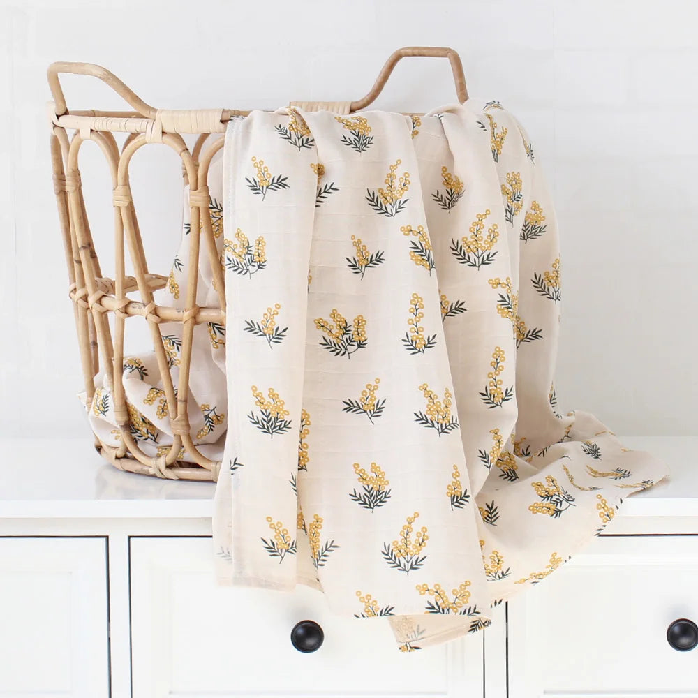 Organic Cotton Swaddle Baby Blanket with Nature Print - Acacia