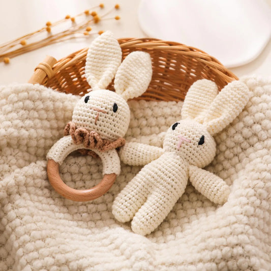 Wooden Baby Rattle Crochet Bunny Doll Toy Set 2pcs