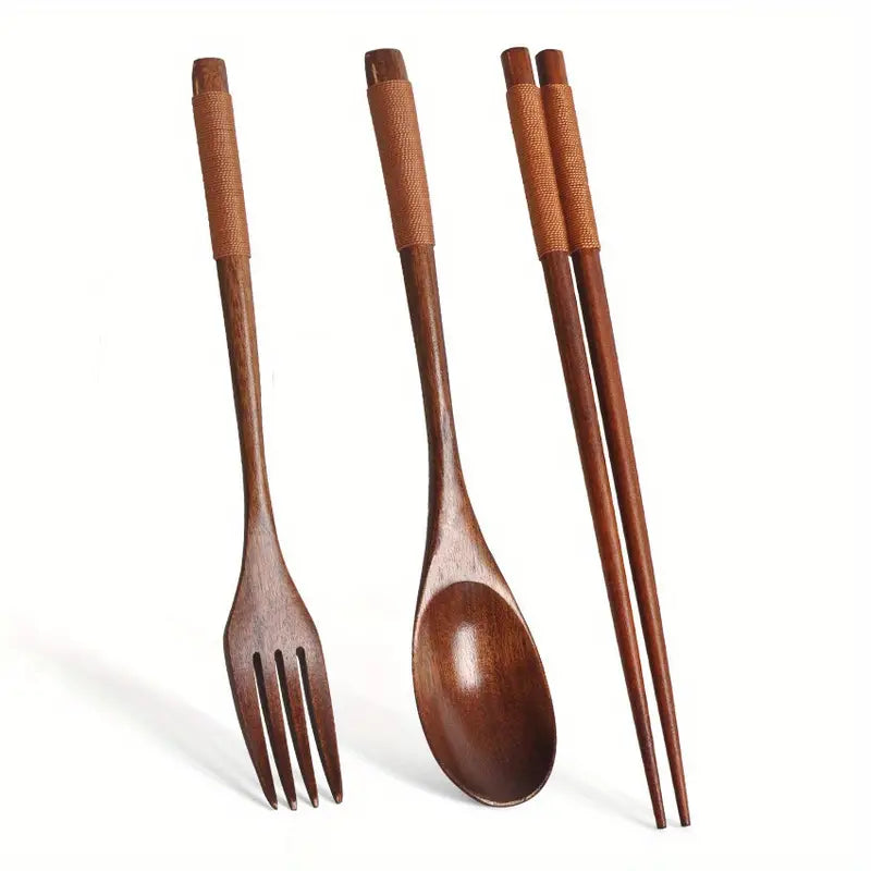 Solid Wood Dinnerware Utensils 3-Piece Set - Brown Accent