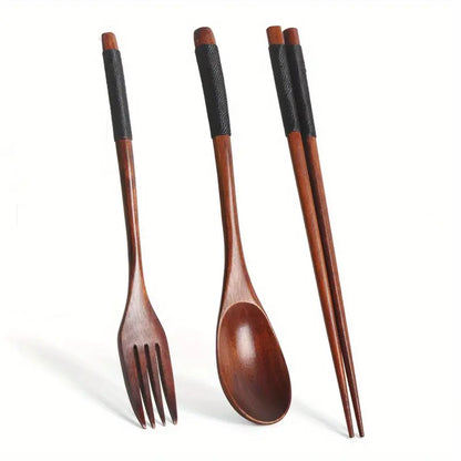 Solid Wood Dinnerware Utensils 3-Piece Set - Black Accent