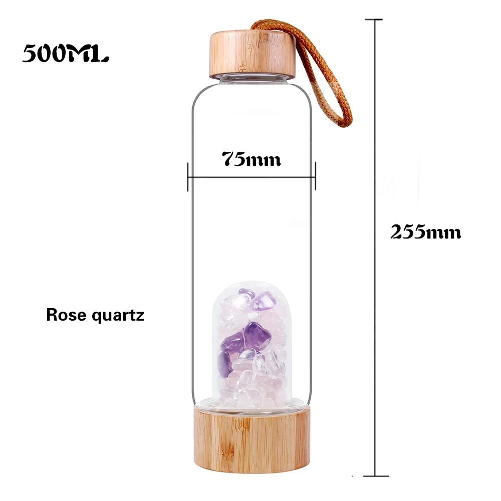 Natural Rose Quartz Crystal Elixir Glass Water Bottle